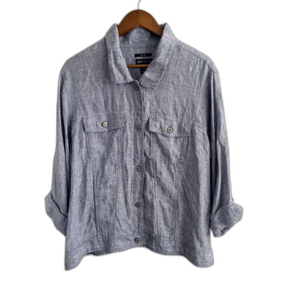 JNY Jones New York 2X Blue 100% Linen Shirt Jacket Shacket Utility Coastal